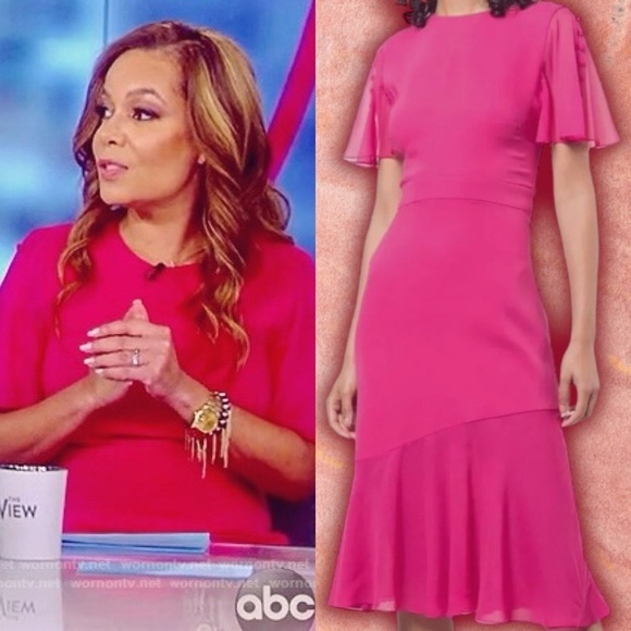 Prabal Gurung 100% Silk Pink ‘Victoria’ Fluttered Sheer-Sleeve Midi Dress Size 4